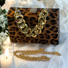 Load image into Gallery viewer, Black and gold evening bag with gold chain