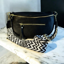 Load image into Gallery viewer, Black leather bag with black and white strap
