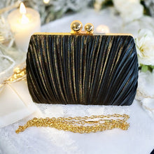 Load image into Gallery viewer, Black satin pleated bag with gold trim