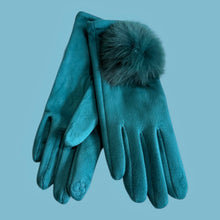 Load image into Gallery viewer, Blue winter gloves with fur pompom for ladies