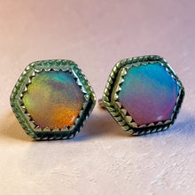 Load image into Gallery viewer, Pair of hexagonal earrings with colorful opal gemstones on a light background