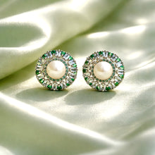 Load image into Gallery viewer, White freshwater pearl earrings with emerald and topaz gemstones