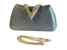 Load image into Gallery viewer, Silver evening bag with V Gold clasp detail