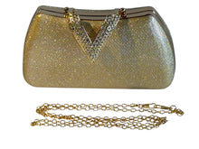 Load image into Gallery viewer, Gold evening bag with crystal V clasp