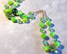 Load image into Gallery viewer, Gold filled long beaded green crystal and gemstone necklace