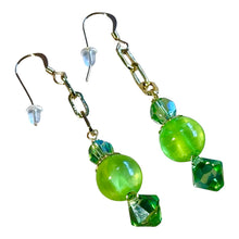 Load image into Gallery viewer, Green and gold long earrings
