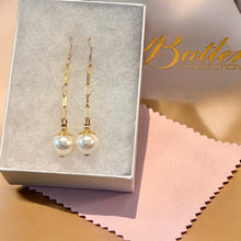 Load image into Gallery viewer, Long White drop pearl earrings in Gold