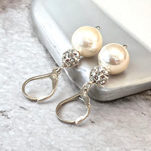 Load image into Gallery viewer, White mother of pearl and crystal drop earrings in sterling silver