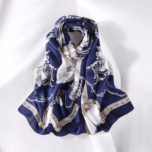 Load image into Gallery viewer, Long white and navy silk scarf for women