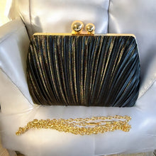 Load image into Gallery viewer, Black satin pleated evening clutch bag