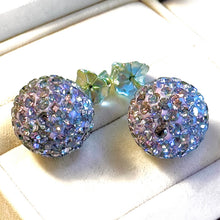 Load image into Gallery viewer, Pair of sparkling purple earrings on a light background