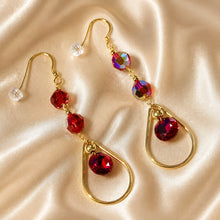 Load image into Gallery viewer, Red Austrian crystal long drop earrings in gold filled