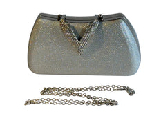 Load image into Gallery viewer, Silver evening bag with crystal V clasp