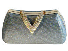 Load image into Gallery viewer, Silver bag with gold V crystal clasp