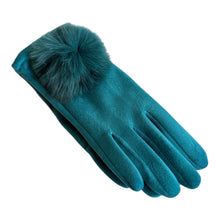 Load image into Gallery viewer, Turquoise Ladies winter glove with fur pompom