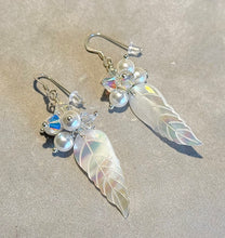 Load image into Gallery viewer, Handmade white pearl drop earrings with leaf details