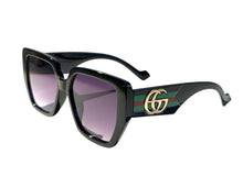 Load image into Gallery viewer, Black modern style sun glass with gold, green and red details