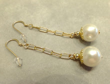 Load image into Gallery viewer, Long white pearl drop earrings in gold
