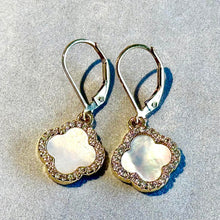 Load image into Gallery viewer, Gold filled drop earrings with white mother of pearl clover leaf