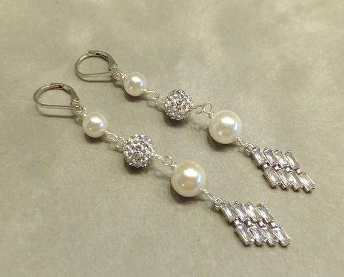Pearl and crystal long earrings for brides