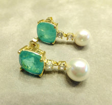 Load image into Gallery viewer, mint green Paraiba Tourmaline and pearl earrings