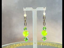 Load and play video in Gallery viewer, Long green and gold gemstone earrings