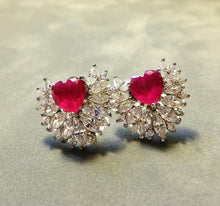 Load image into Gallery viewer, Ruby heart stud earrings with white topaz gemstones