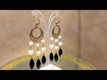 Load and play video in Gallery viewer, Statement white mother of pearl and black onyx gemstone earrings.