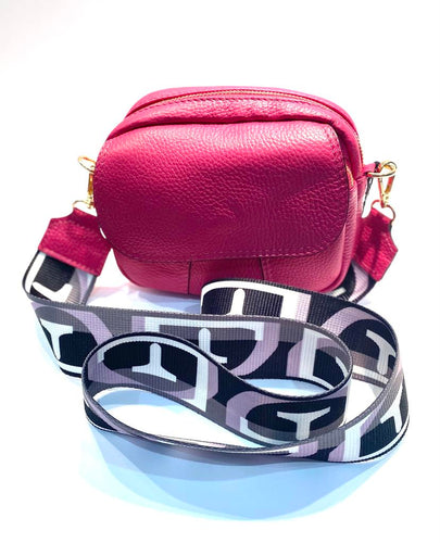 Pink Italian Leather crossover bag with fabric strap