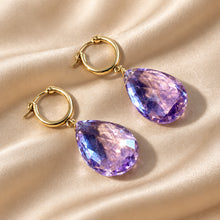 Load image into Gallery viewer, Teardrop Amethyst gemstone earrings with gold hoop
