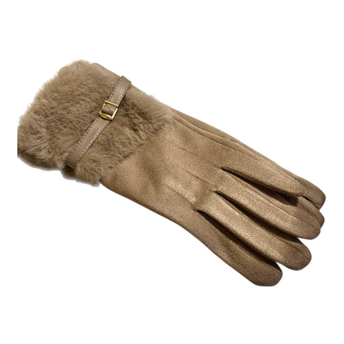 Beige ladies gloves for faux fur trim detail