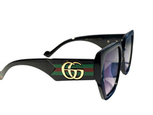 Load image into Gallery viewer, Black modern sun glass with green, gold and red details
