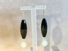 Load image into Gallery viewer, Black onyx and white chalcedony gemstone drop earrings
