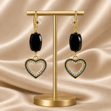 Load image into Gallery viewer, Black onyx gemstone earrings with heart crystal bottom detail

