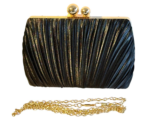 Black satin pleated clutch bag for women