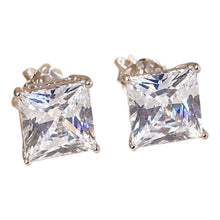 Load image into Gallery viewer, A pair of princess-cut clear gemstone stud earrings set in silver-tone metal, shown on a plain white background.
