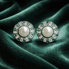 Load image into Gallery viewer, Emerald and pearl stud gemstone earrings
