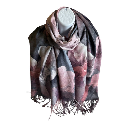 Grey and pink flower long winter scarf