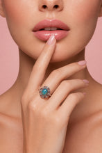 Load image into Gallery viewer, A close-up lifestyle shot of a model's wearing a flower gemstone ring in labradorite and pink sapphire
