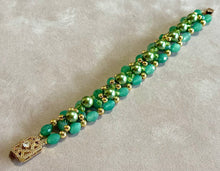 Load image into Gallery viewer, Green and gold woven handmade gemstone bracelet
