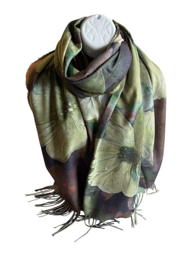 Long green flower print winter scarf