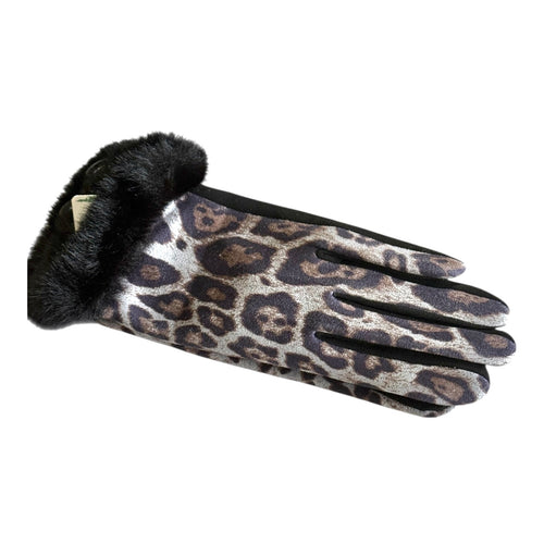 Leopard print winter glove with black fur trim