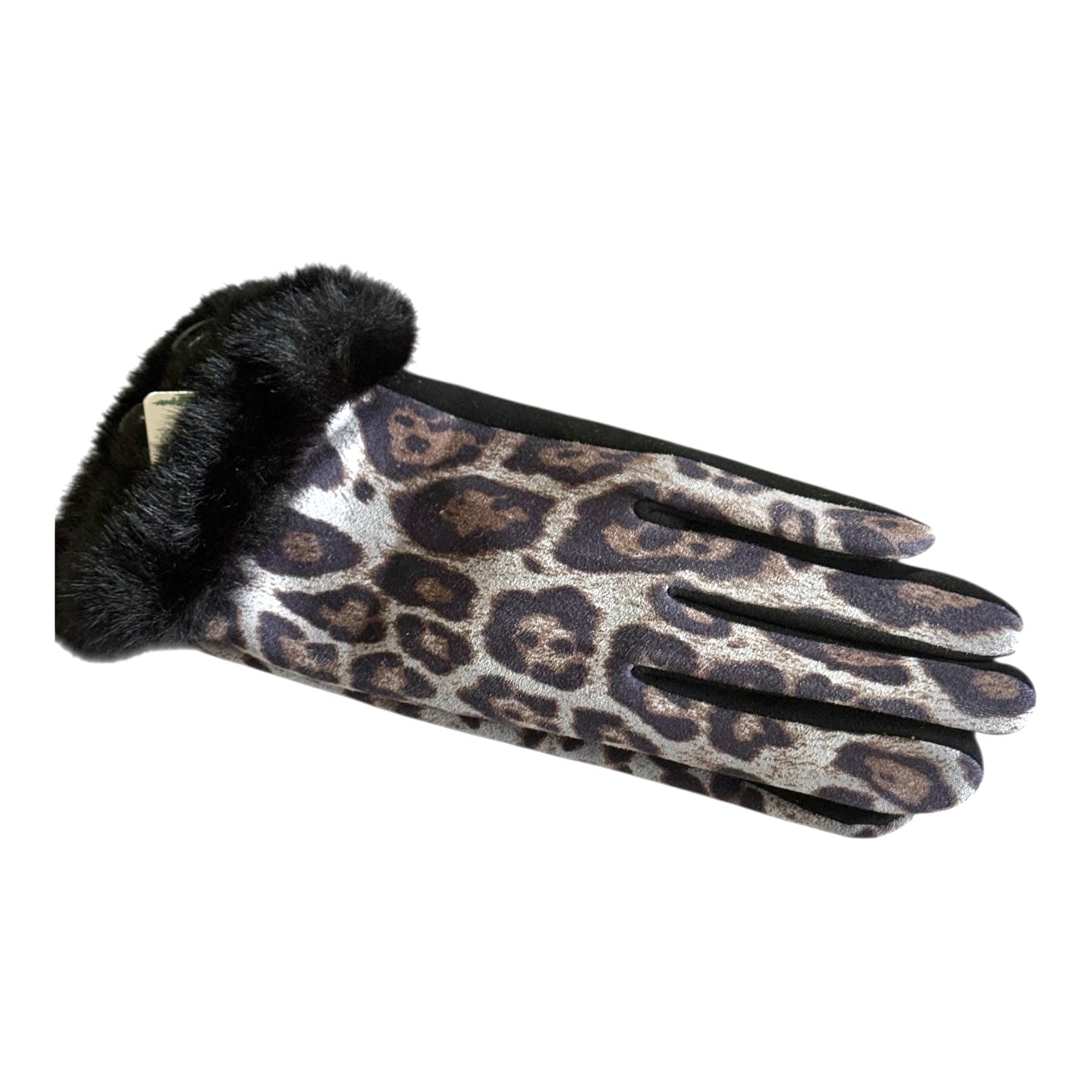 Leopard print winter glove with black fur trim