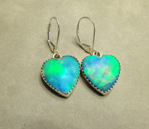 Aurora opal heart drop earrings in sterling silver