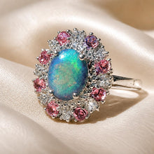 Load image into Gallery viewer, Sterling silver gemstone ring of pink sapphire and labradorite gemstones
