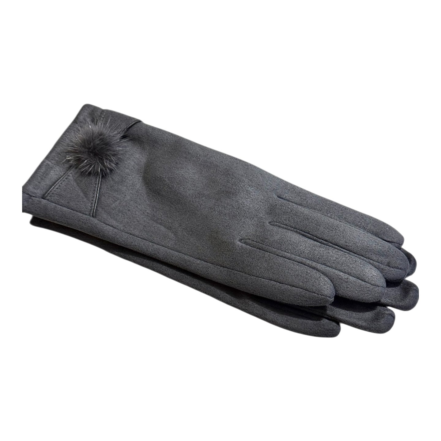 Grey winter gloves with fur pompom