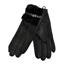 Load image into Gallery viewer, Ladies black winter gloves with fur cuff trim
