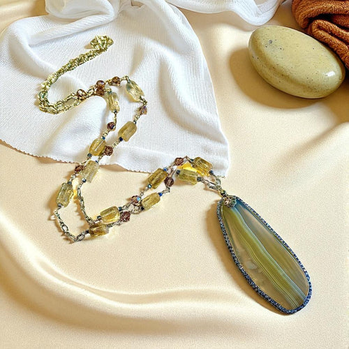 Long citrine woven gemstone neckace