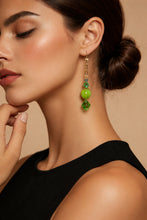 Load image into Gallery viewer, Long green and gold drop earrings
