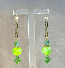 Load image into Gallery viewer, Gold filled long green gemstone earrings
